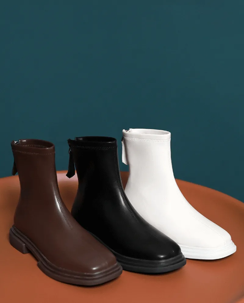 Autumn And Winter New  Style Simple Elastic Slim Boots Square Toe Low Heel Short Boots Back Zipper Casual Single Boots F