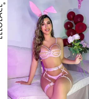 Ellolace Bunny Lingerie Hollow Out Customes See Through Sensual Porn Outfit Reggiseno aperto Push Up Set Biancheria intima carin
