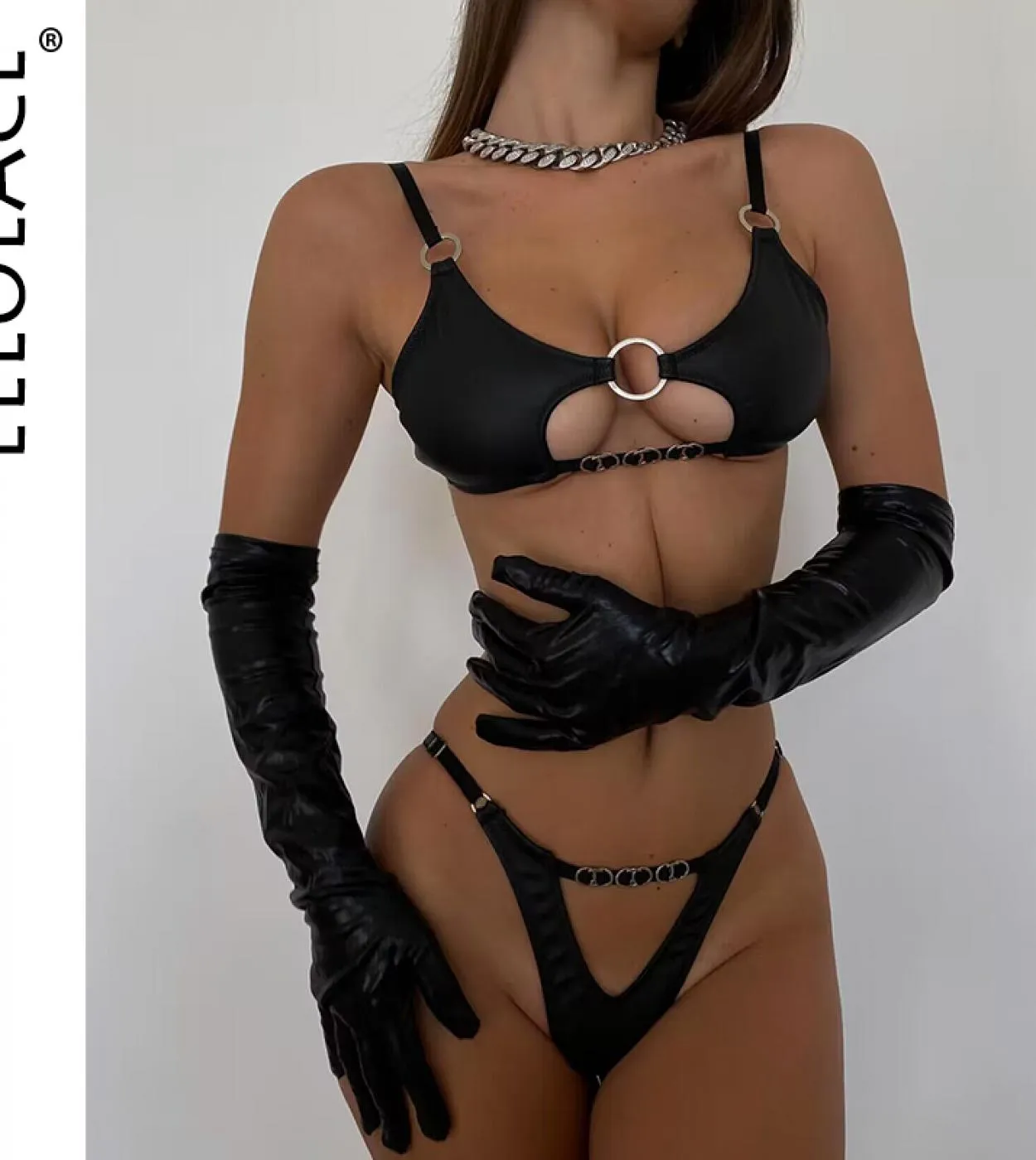 Ellolace Leather Lingerie Set Women 2 Piece  Cut Out Wireless Bilizna Outfit Round Ring Intimate Cupless Sensual Bra Set