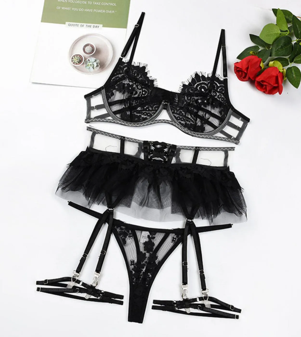Ellolace Ruffled Lingerie Fancy Underwear Luxury Lace Sensual Reggiseno trasparente Naughty Outfit 5piece Thin Fine Sets Br