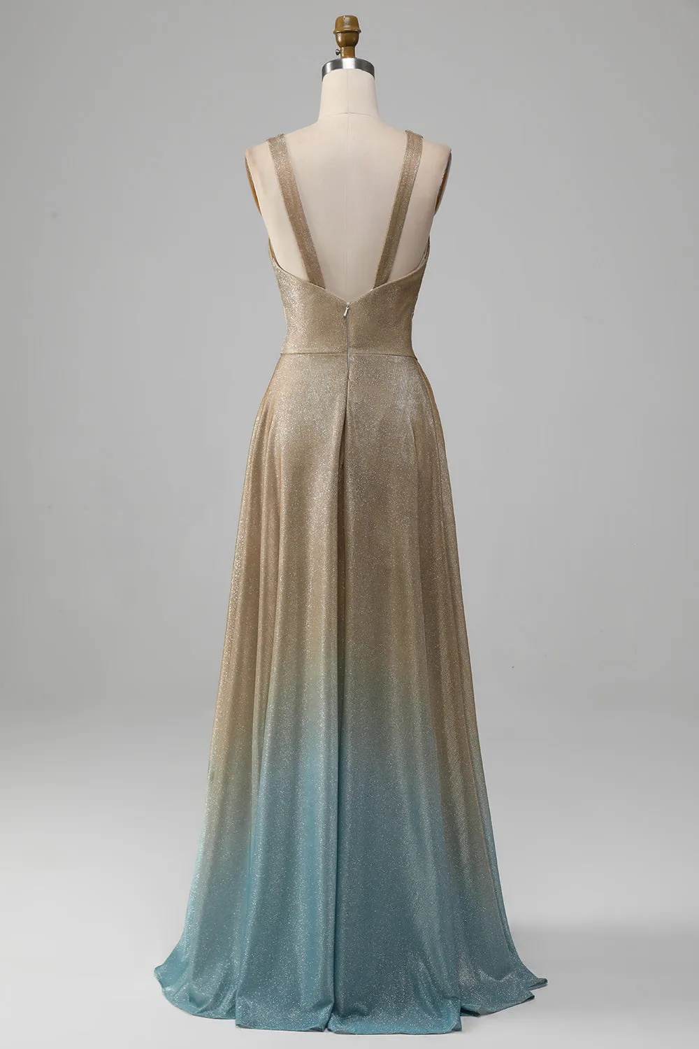 Glitter V-Neck Golden Prom Dress con fessura