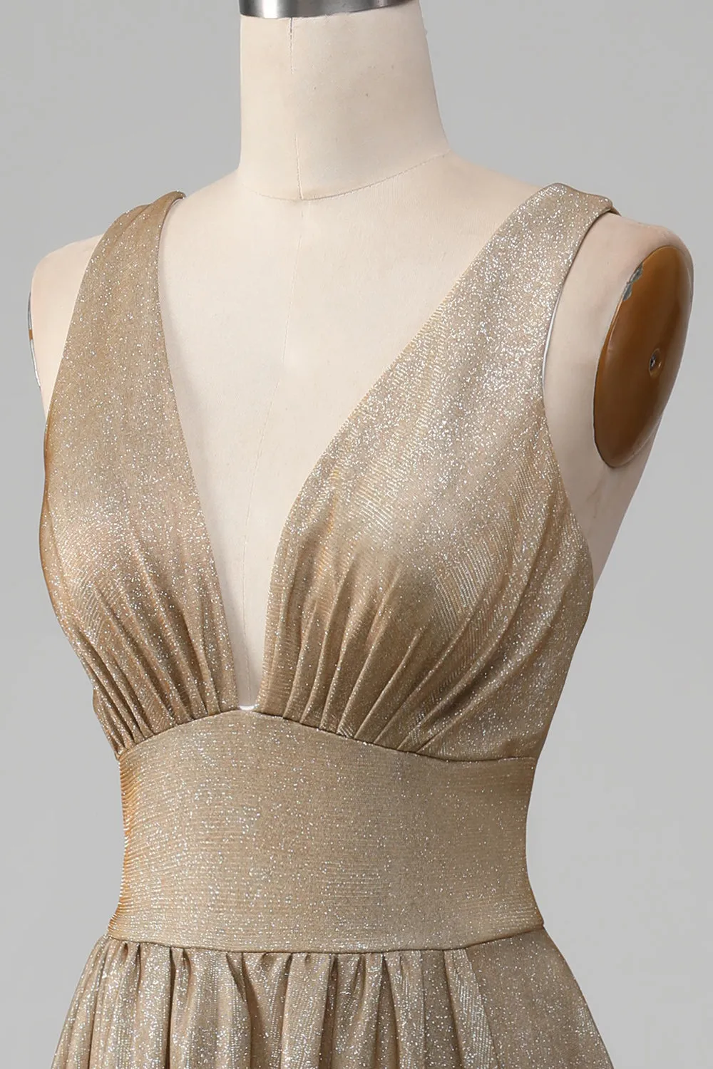 Glitter V-Neck Golden Prom Dress con fessura