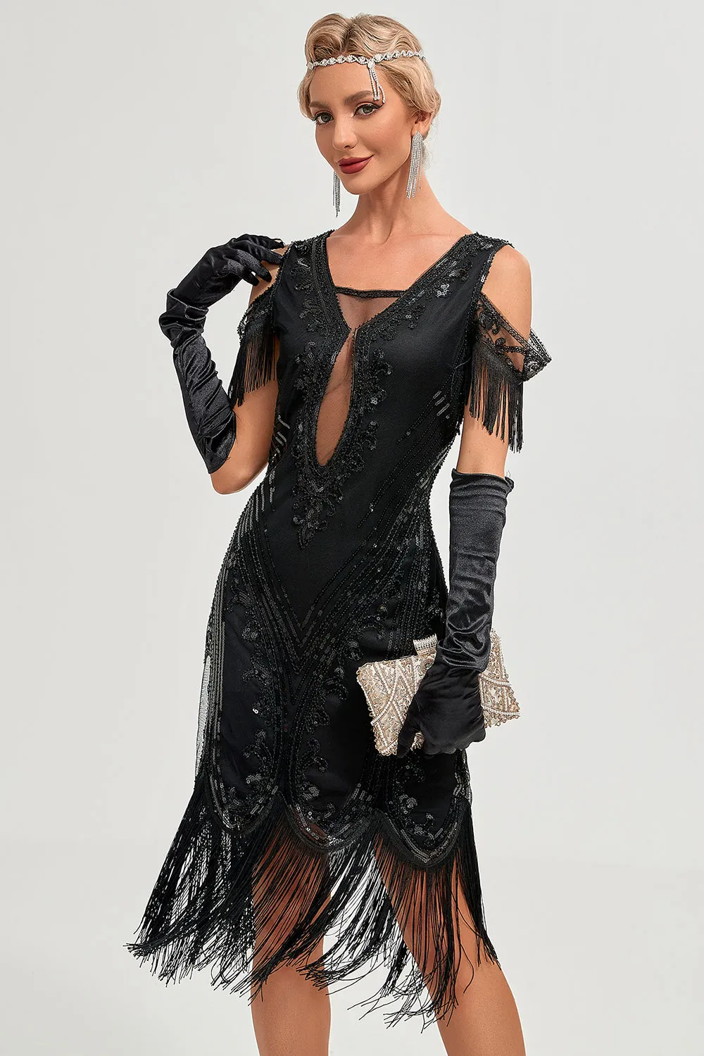 Nero Cold Shoulder Paillettes Frange 1920s Gatsby Dress