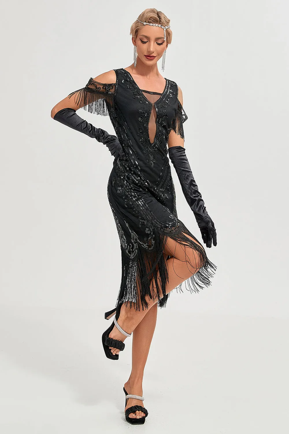 Nero Cold Shoulder Paillettes Frange 1920s Gatsby Dress