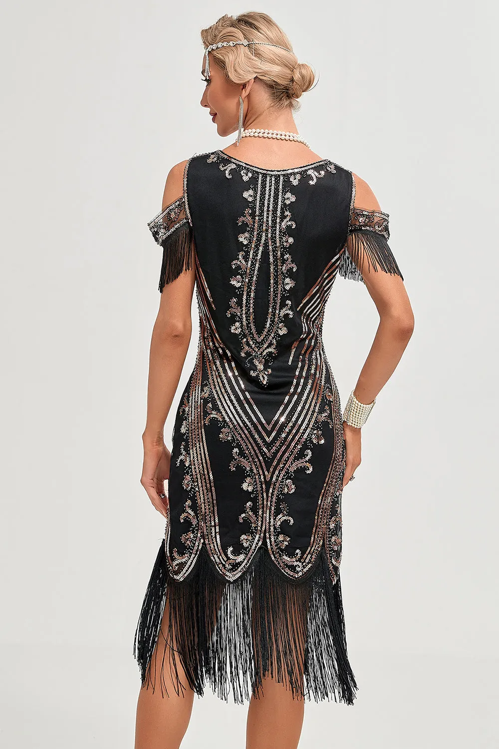 Nero Cold Shoulder Paillettes Frange 1920s Gatsby Dress