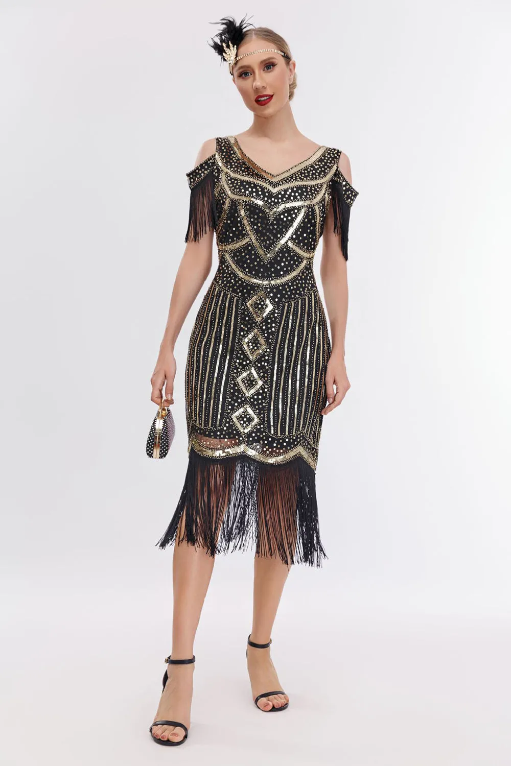 Nero Dorato Cold Shoulder Fringes 1920s Gatsby Dress