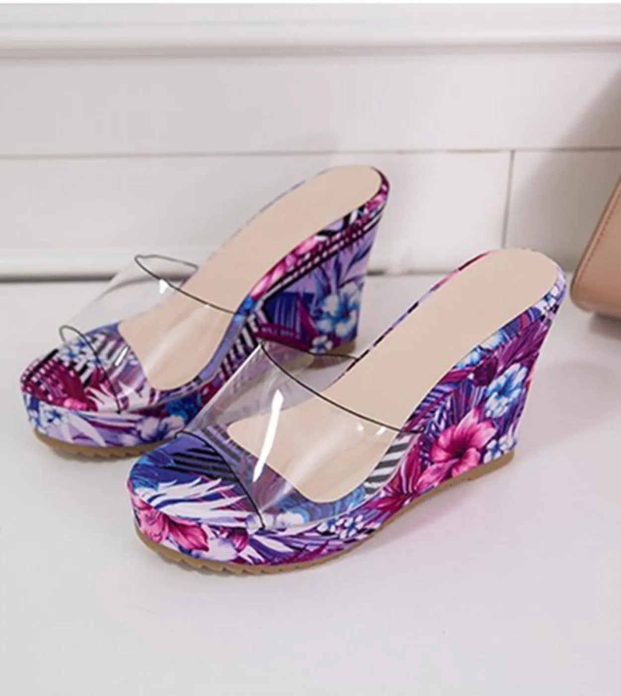 Pantofole con zeppa da donna Pantofole con tacco alto Pantofole casual da donna Pantofole estive retrò trasparenti floreali con