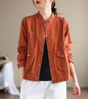 Primavera Autunno Moda Donna Manica lunga Sciolto Monopetto Cappotti corti Doppia tasca Colletto alla coreana Giacche casual V74