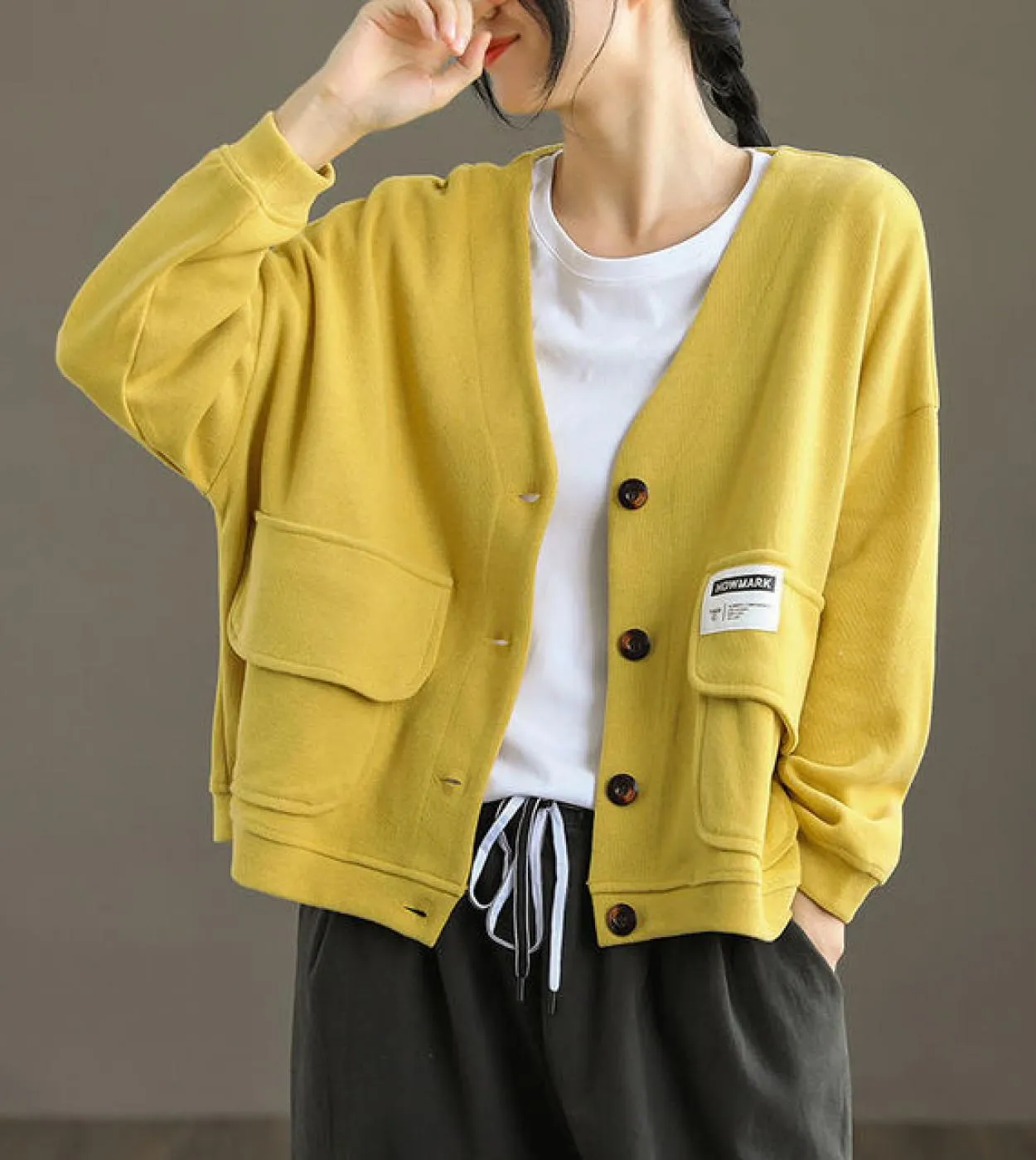 Primavera New Arts Style Donna Manica lunga Cappotti corti larghi Doppia tasca con scollo a V monopetto Giacca casual V465 Jacke