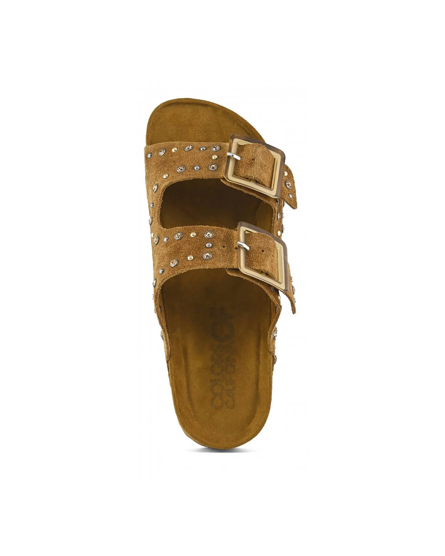 Sandali color cuoio in suede con doppia fascetta e borchie in metallo e strass applicati