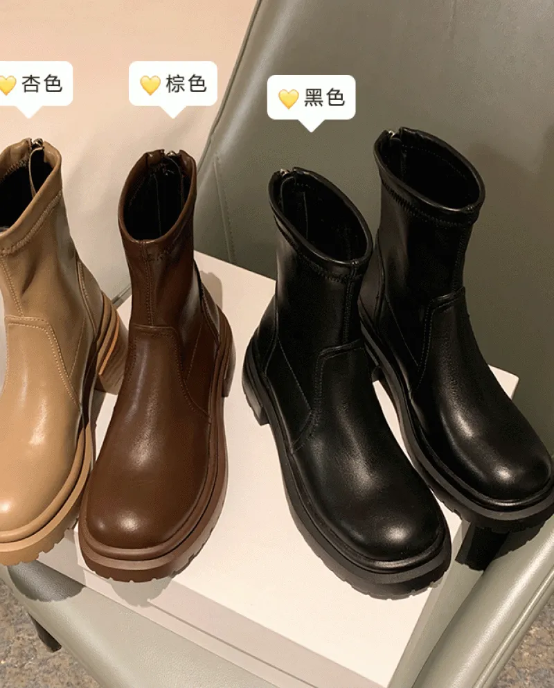 Style Simple Elastic Slim Boots British Style Short Tube Thick Heel Single Boots Casual Round Toe Low Heel Short Boots