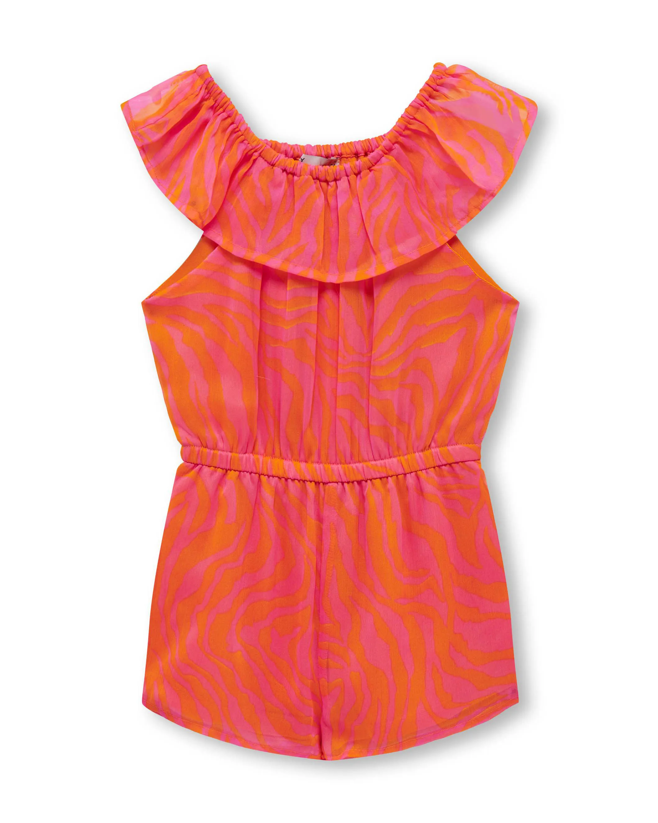 Tutina arancione e fucsia in chiffon a fantasia zebrata con volant sullo scollo 2-7 anni