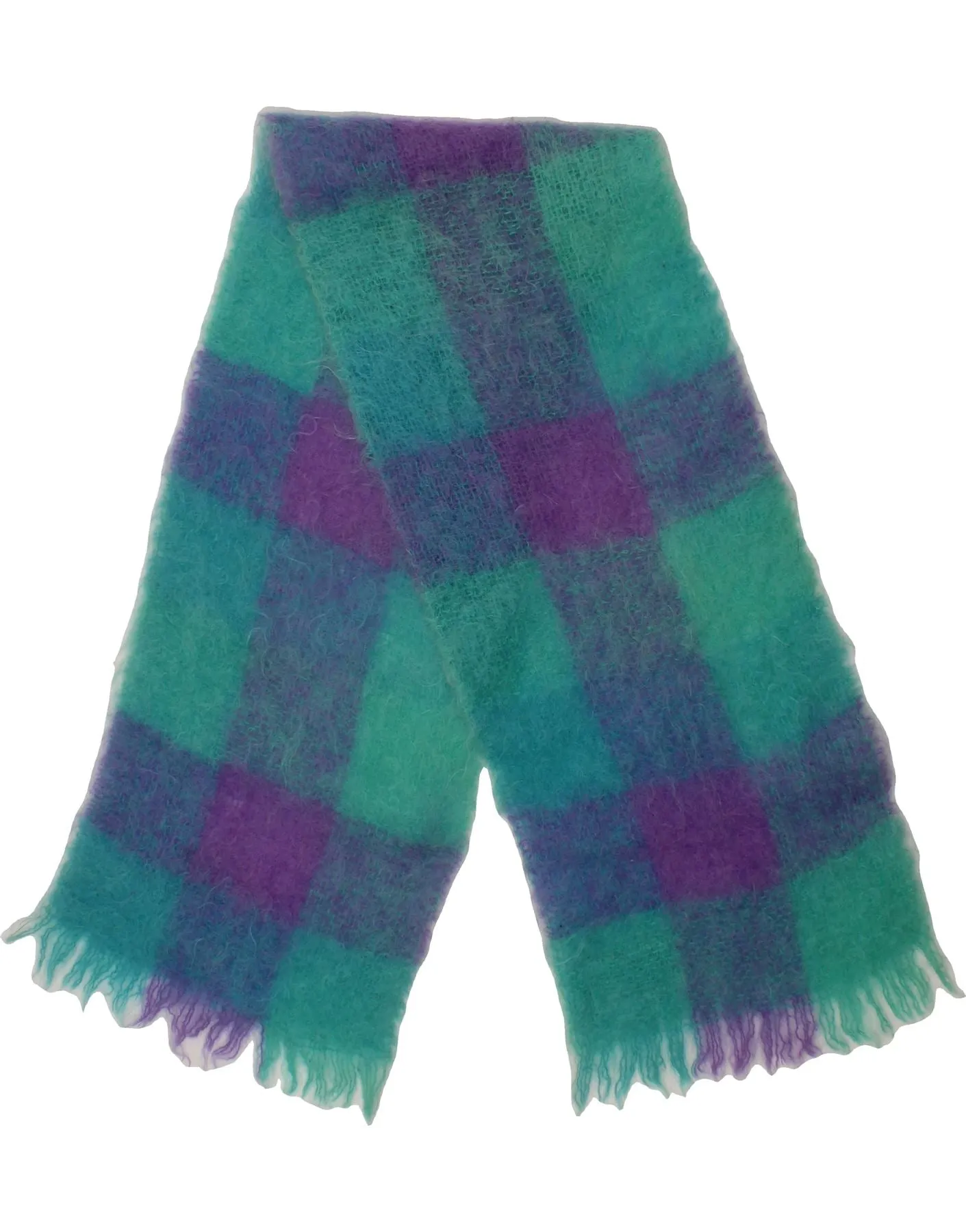 VINTAGE Womens Rectangle Scarf One Size Turquoise Check Mohair